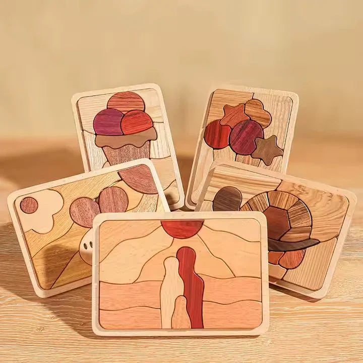 Sproutlets wooden puzzles arranged on table.