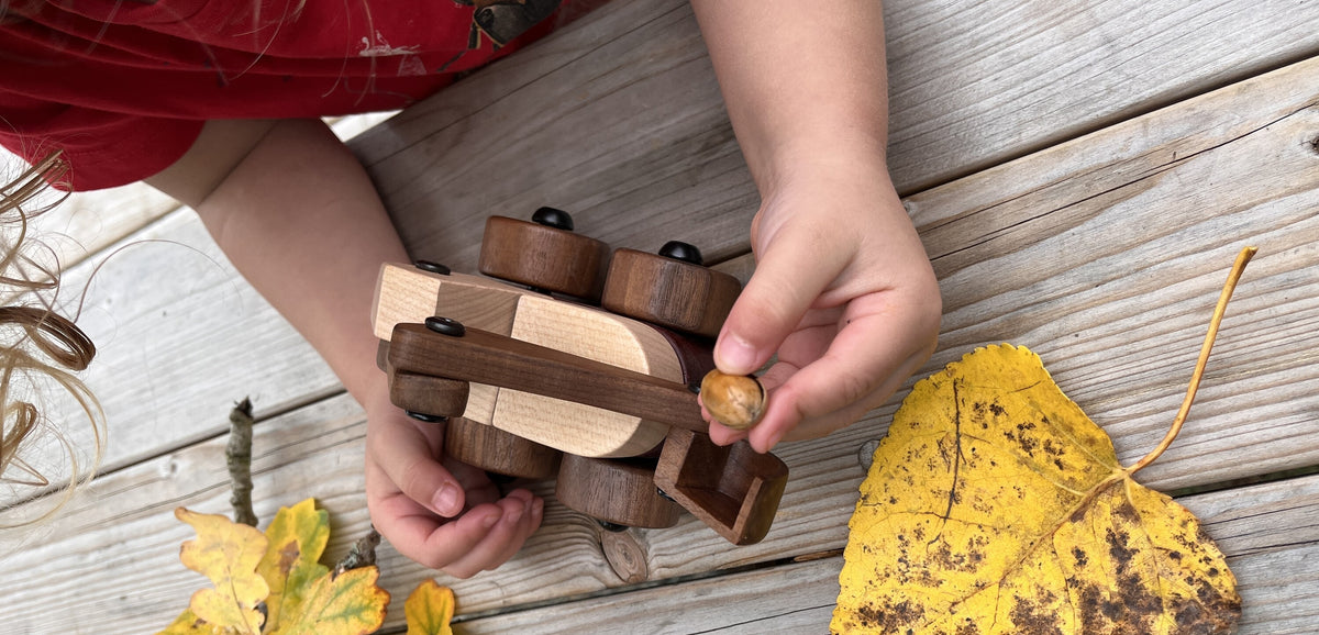 Child's hands holding the Maple & Padauk Excavator and an acorn on a weathered wooden table with yellow autumn leaves