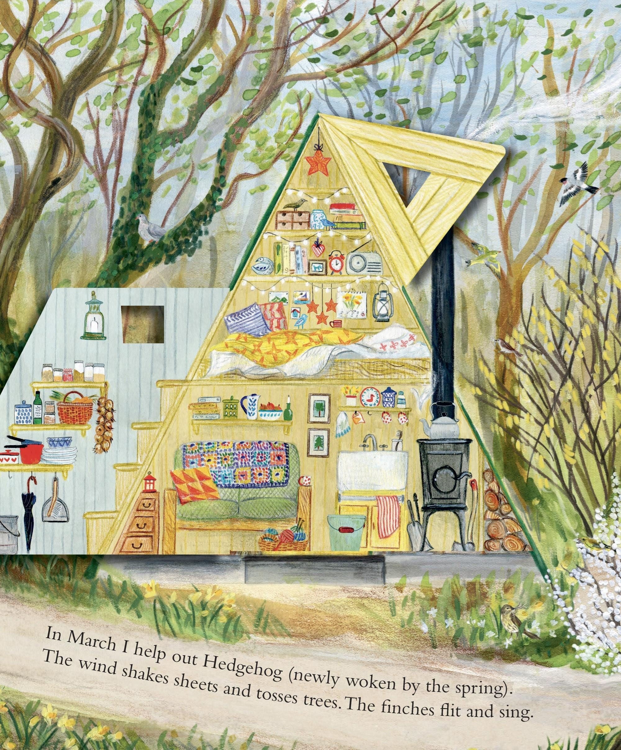Mouse's Wood: interior illustration from Alice Melvin's book showing a cosy A-frame woodland cottage in spring