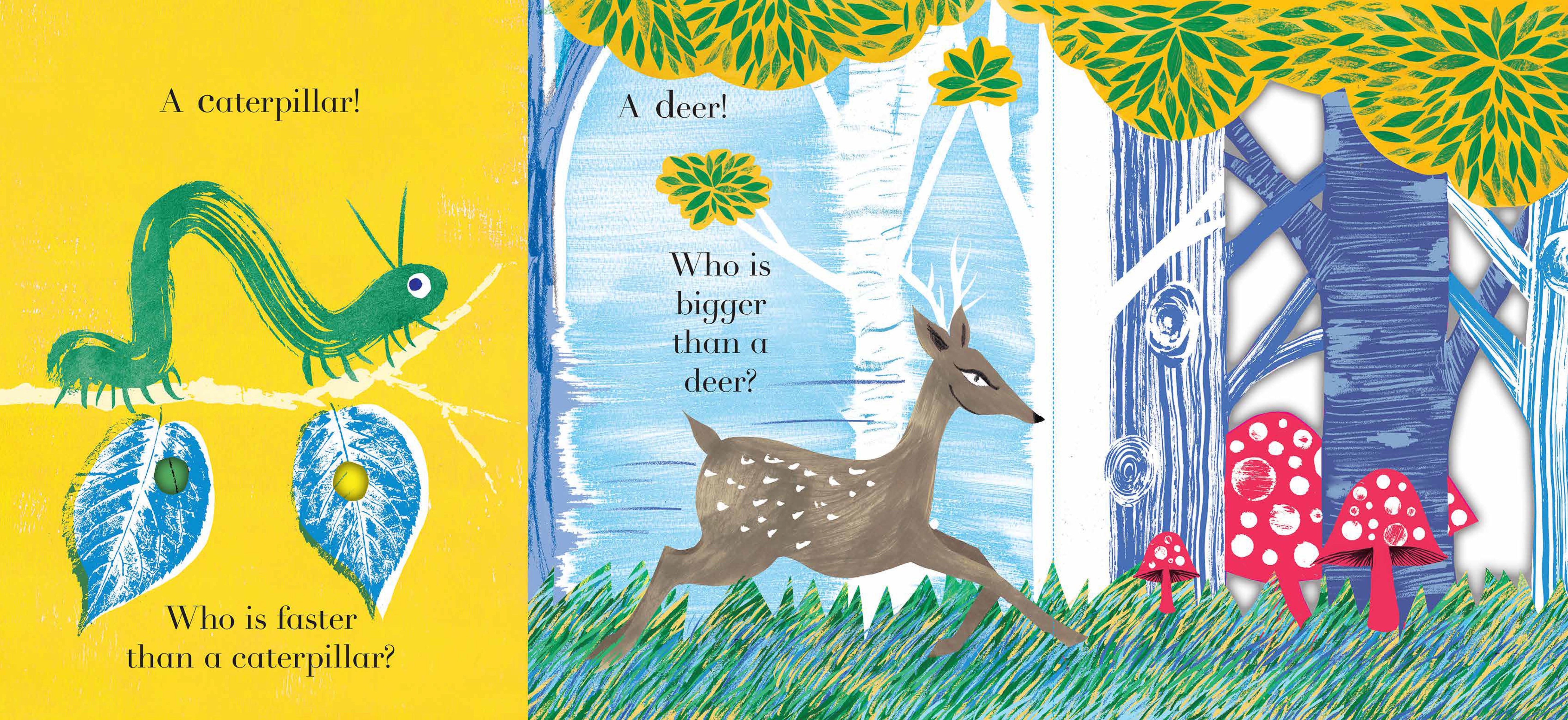 Animalphabet book interior spread showing caterpillar and deer illustrated pages with size comparison guessing-game text