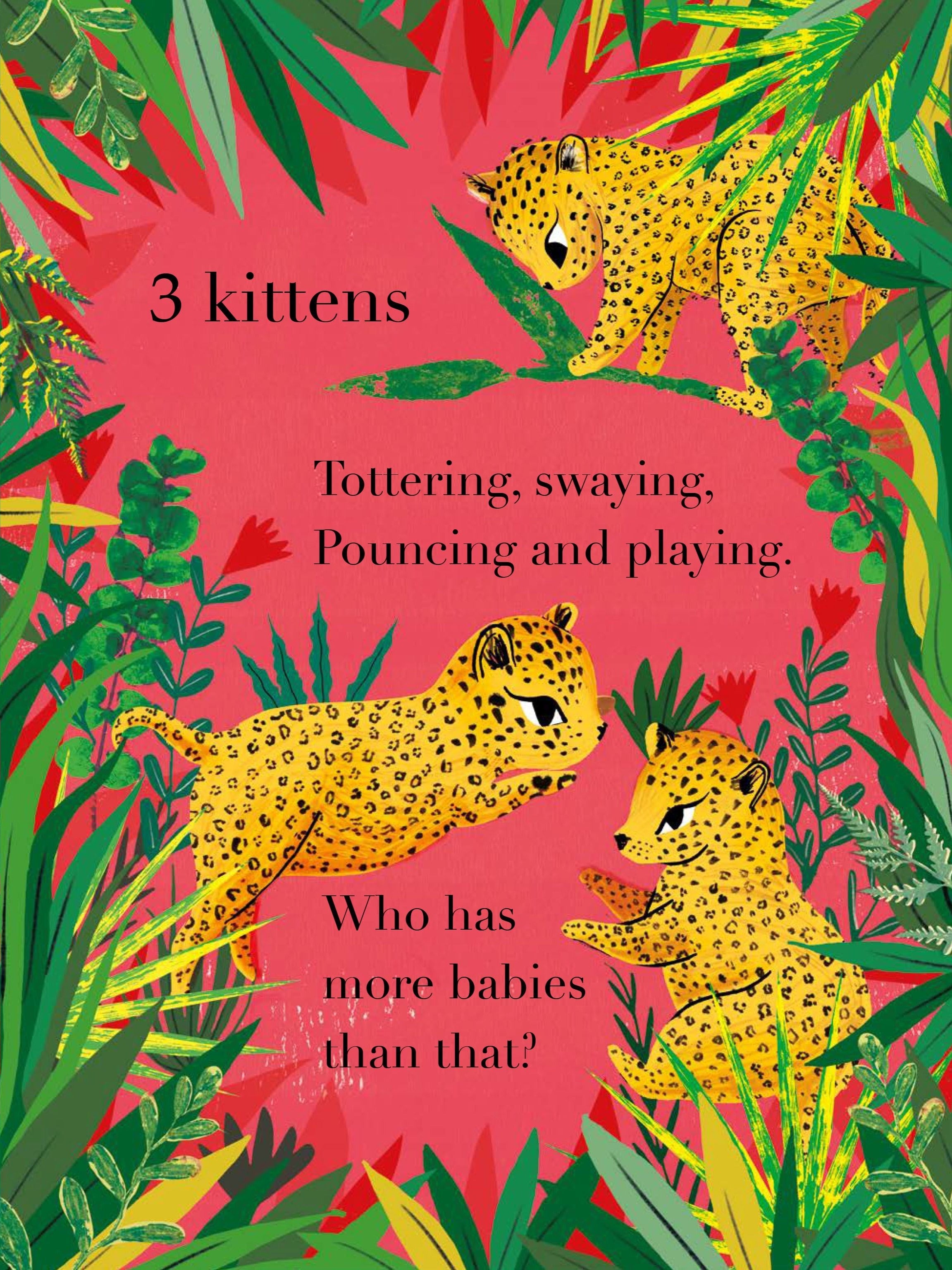 Counting Creatures book interior page spread showing illustrated leopard cubs with number 3 and rhyming counting text on