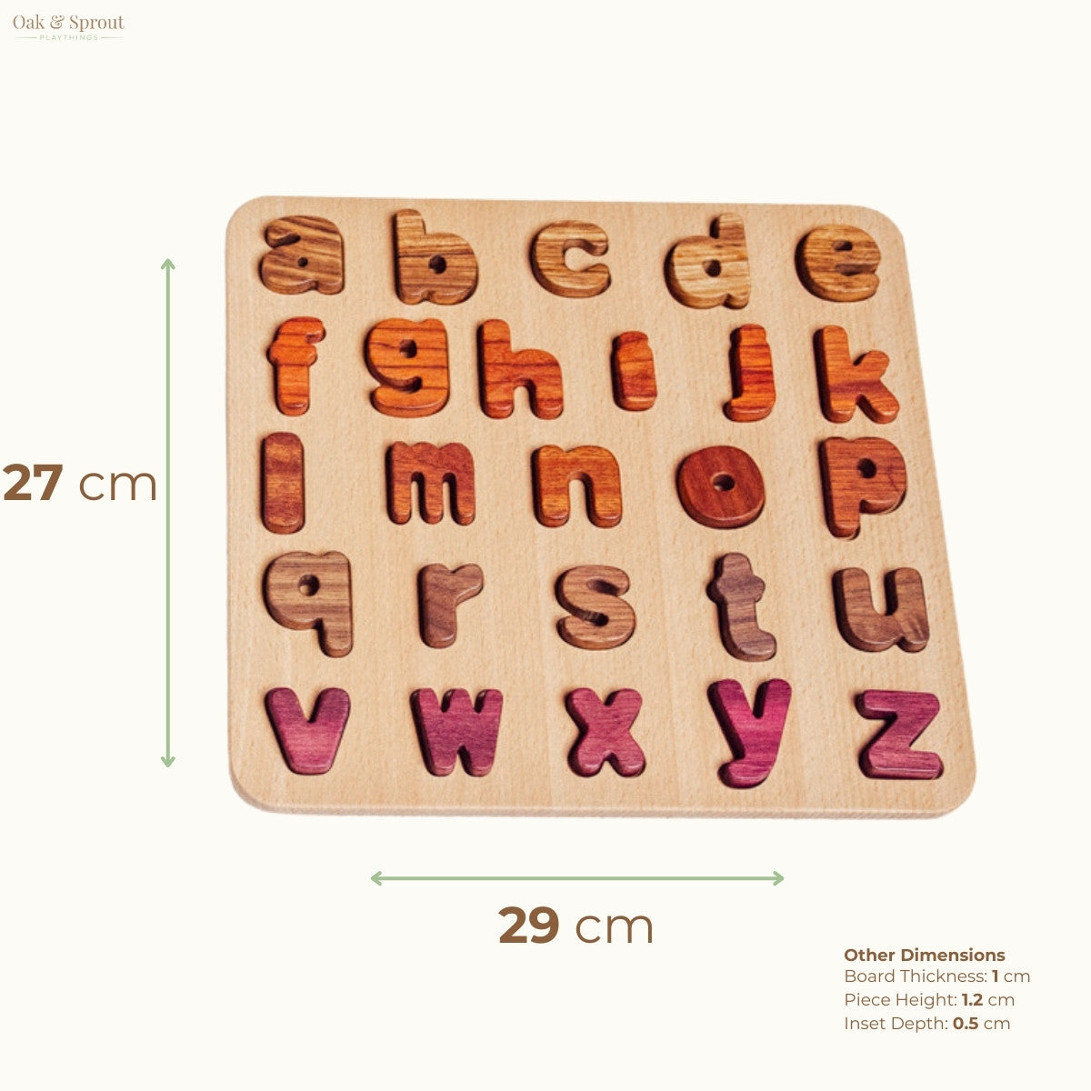 Wooden alphabet puzzle with dimensions on a white background