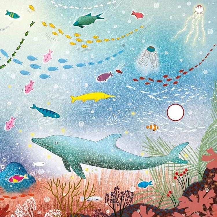 Carnival of the Animals storybook illustration: whimsical underwater scene with dolphins, colourful fish, jellyfish and coral