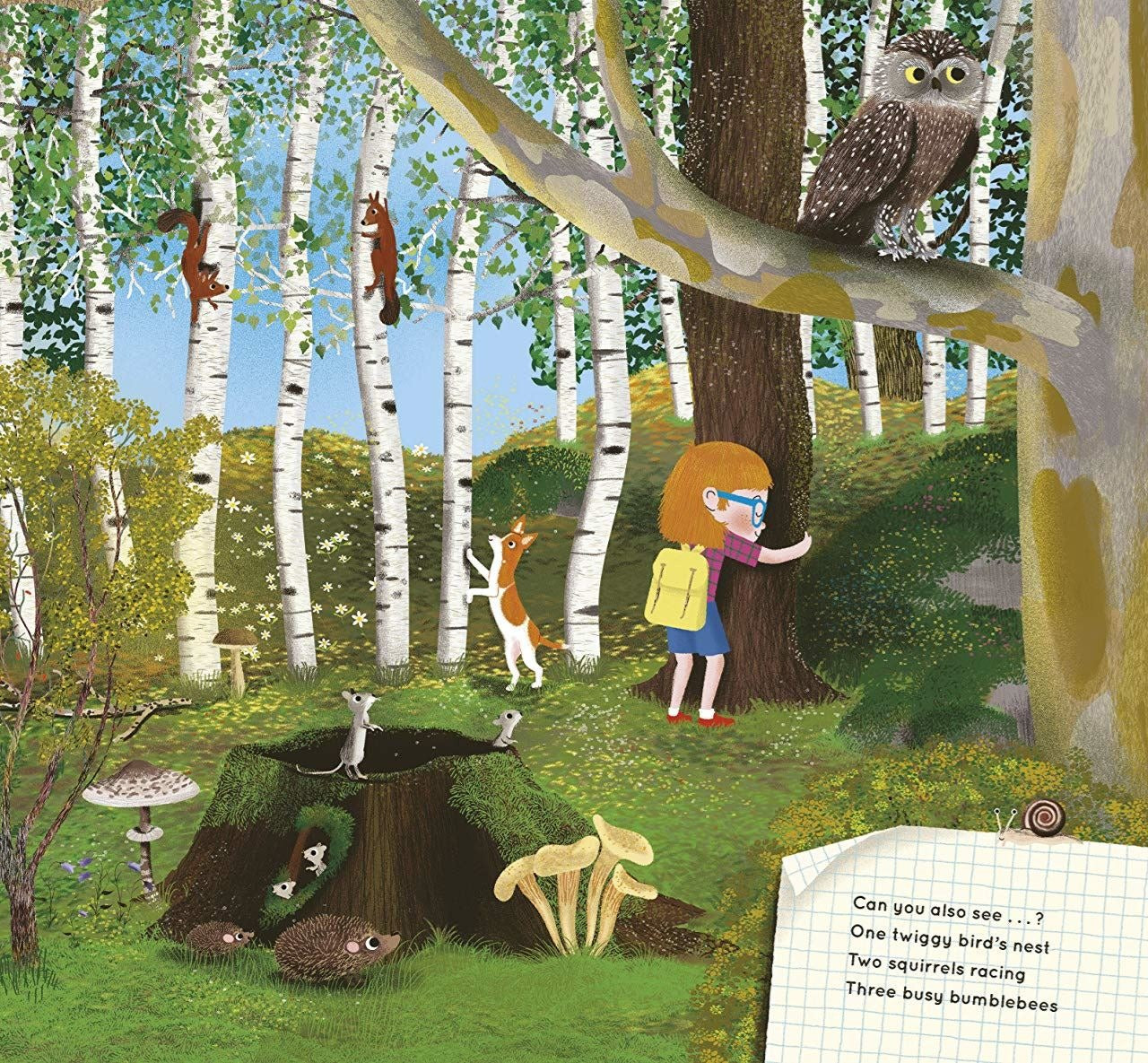 Look What I Found in the Woods interior spread: girl in birch forest with dog, owl, squirrels, hedgehog, and search-and-find