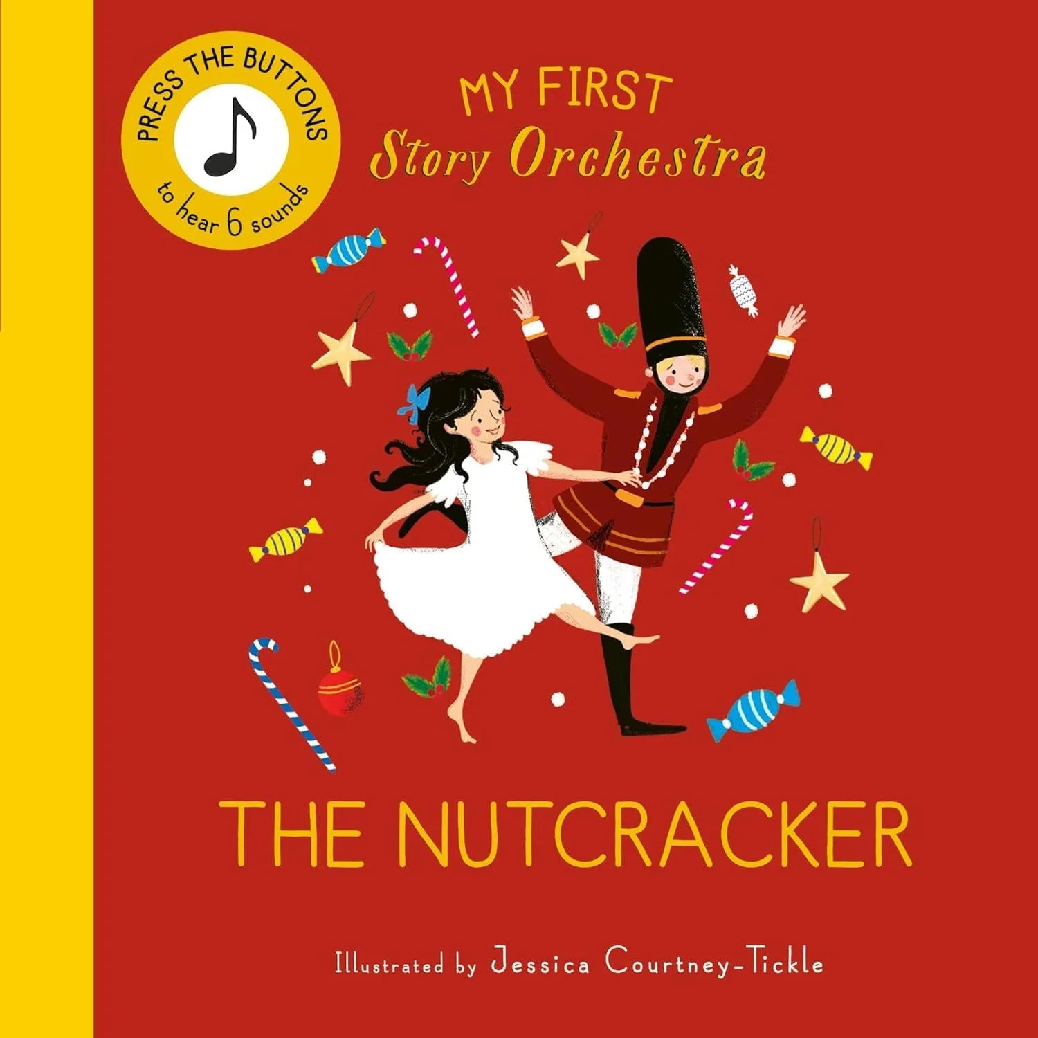 My First Story Orchestra The Nutcracker book cover showing Clara and Nutcracker dancing on red background with 6 sound