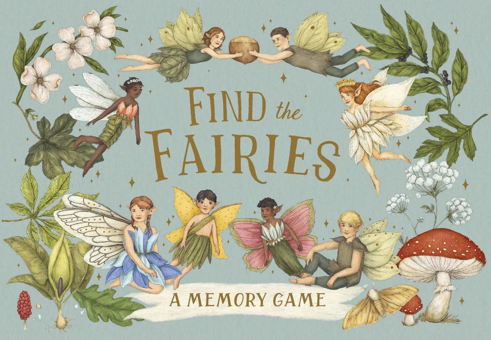 Find the Fairies Memory Game box cover with gold title, watercolour fairies, mushrooms and botanical illustrations