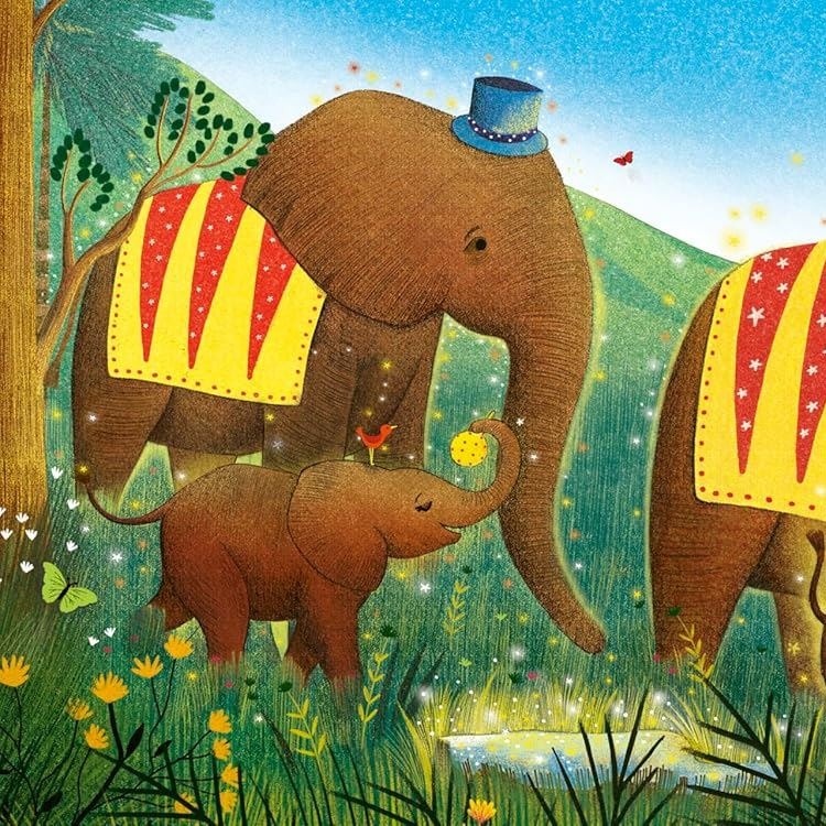 Illustrated artwork from My First Story Orchestra Carnival of the Animals showing elephants in circus blankets in an
