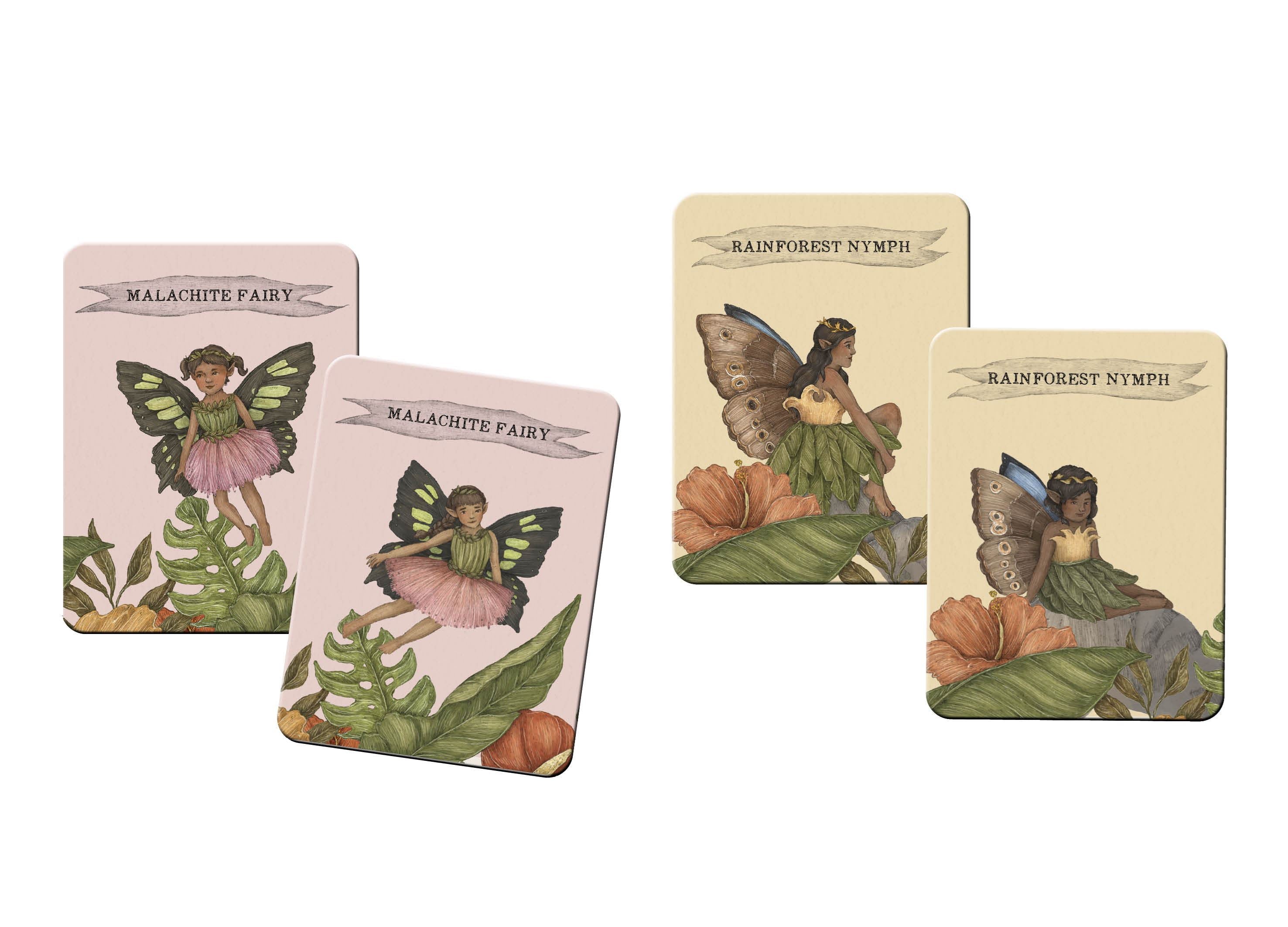 Find the Fairies memory game cards: Malachite Fairy and Rainforest Nymph pairs with botanical fairy illustrations