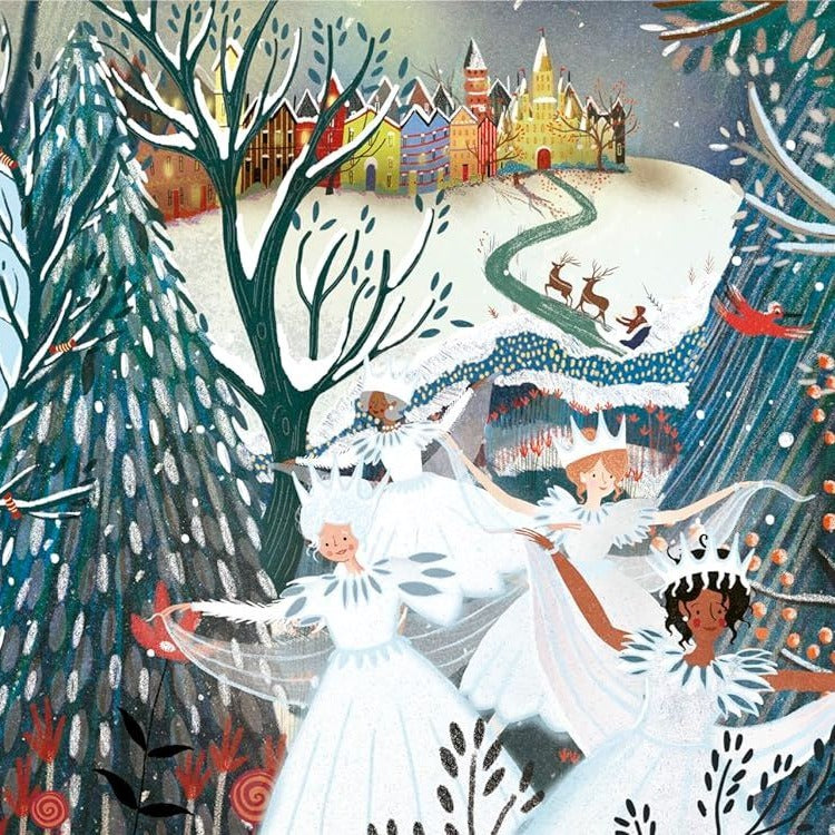 My First Story Orchestra: The Nutcracker book illustration showing snow fairies, reindeer, and a lit winter village