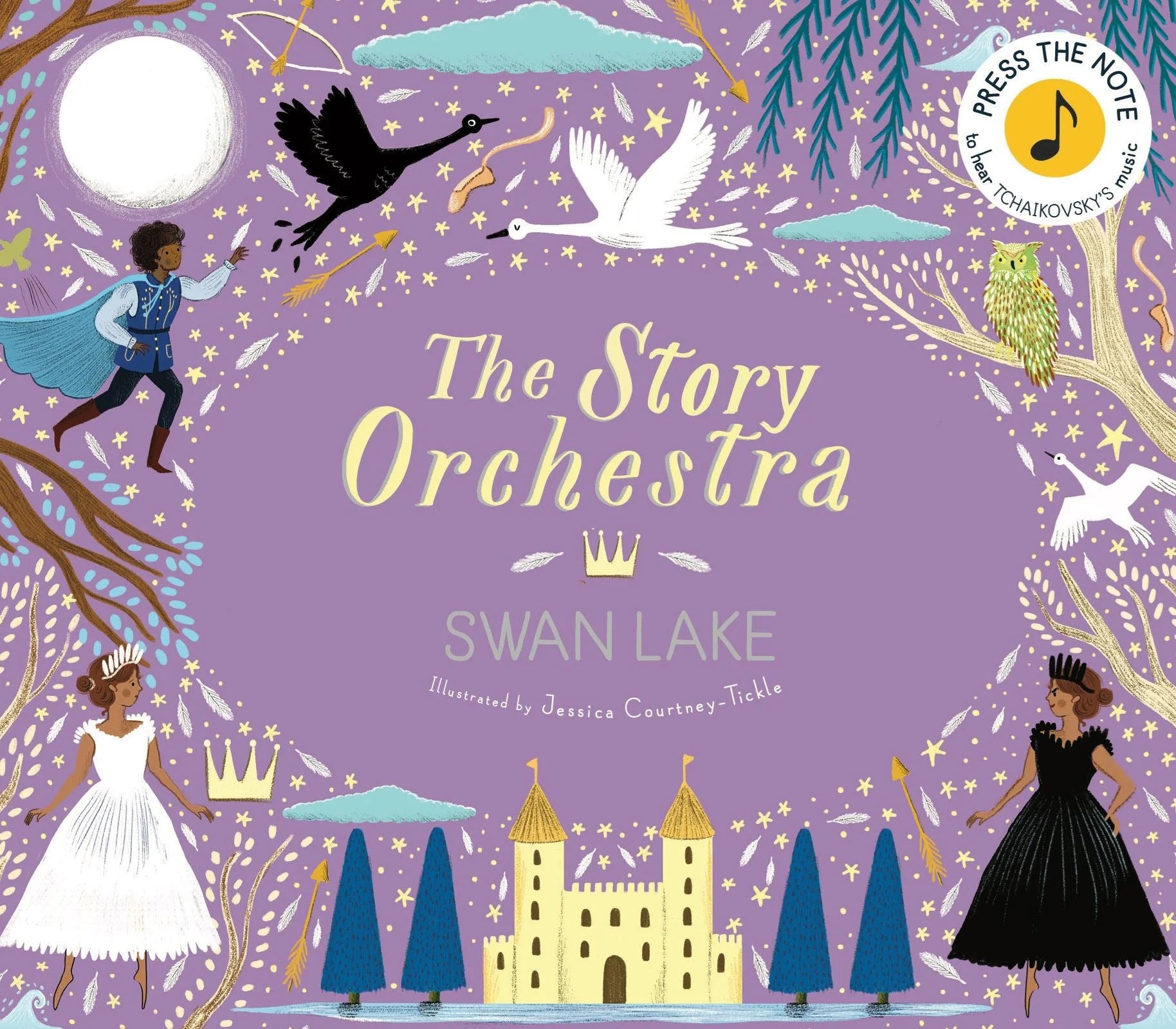 The Story Orchestra Swan Lake front cover, purple illustrated hardcover with prince, ballerinas, swans, and gold sound button