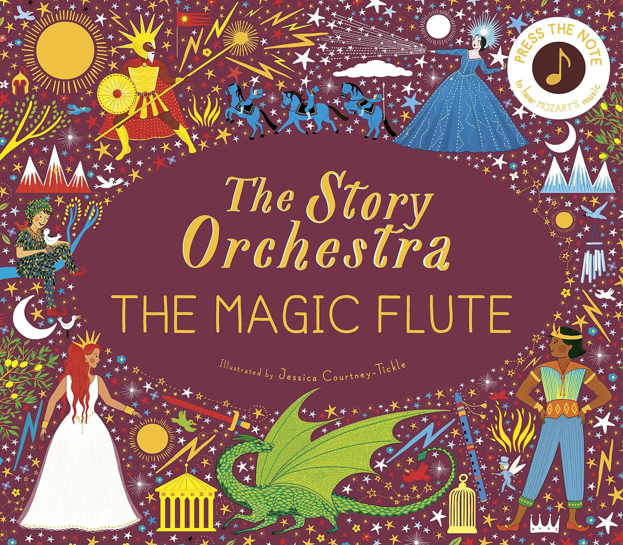 The Story Orchestra: The Magic Flute book cover with illustrated opera characters on deep burgundy background with stars