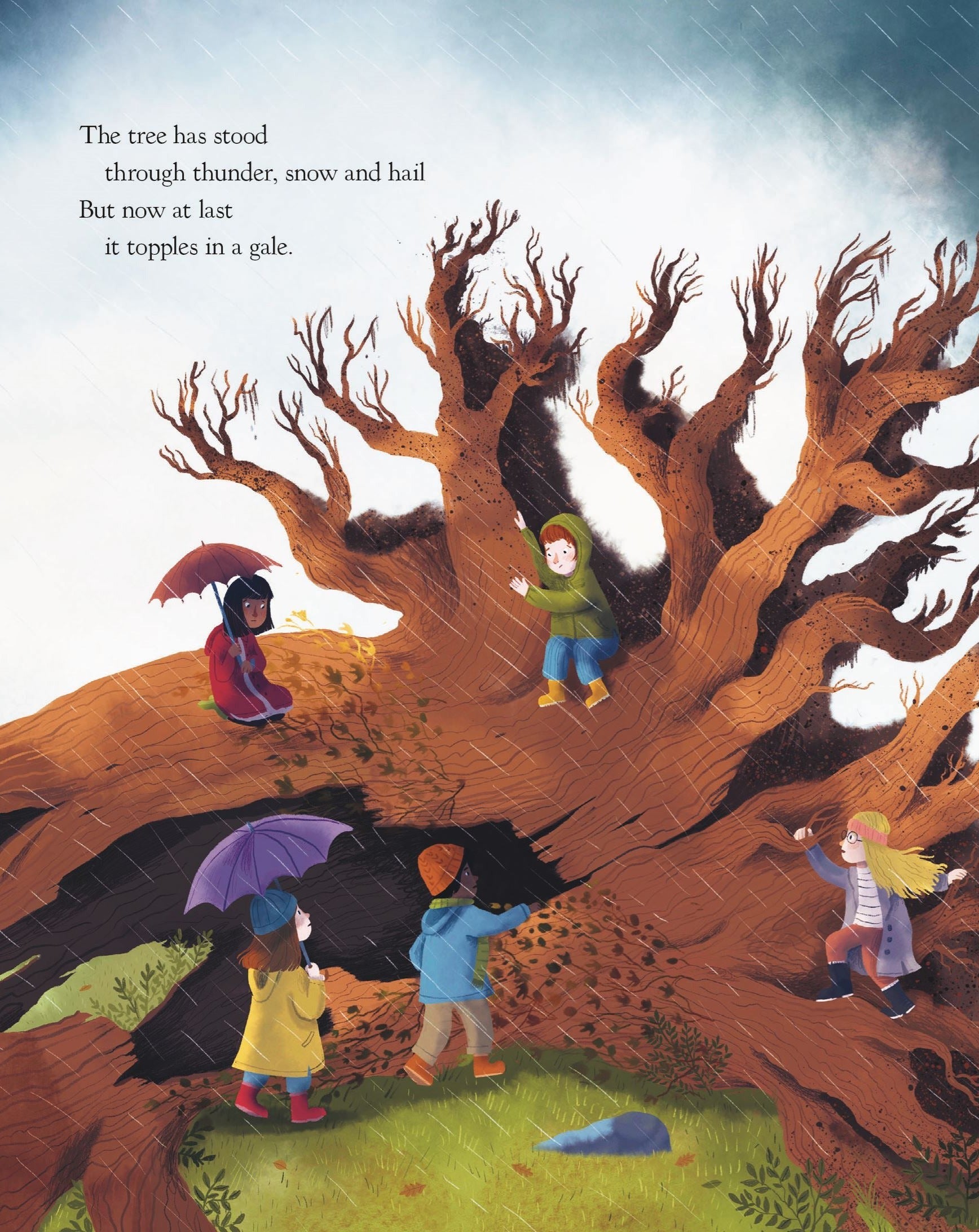 The Oak Tree book interior: five children explore a fallen ancient oak in a storm, rain and dark skies above.