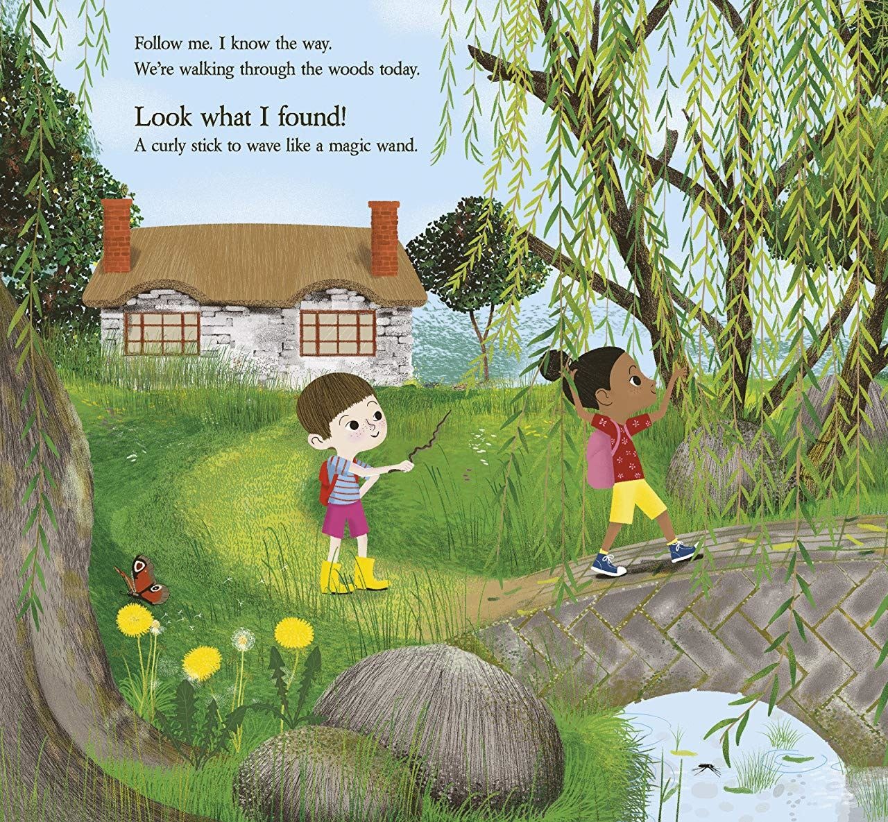 Look What I Found in the Woods interior spread: two children on a woodland adventure, one holding a magic wand stick, with