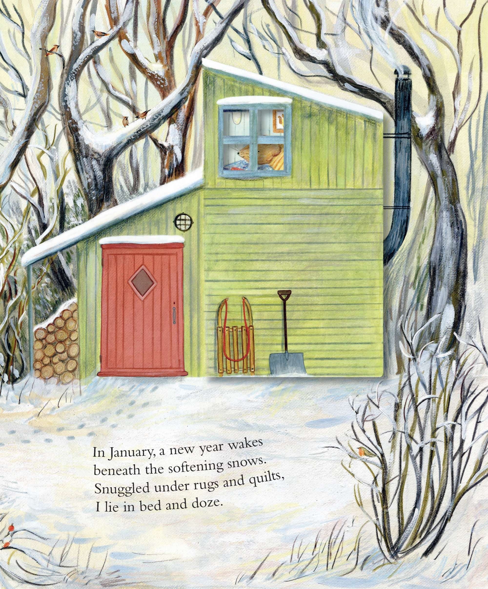 Mouse's Wood board book interior: January spread with snow-covered cabin, sled, and winter verse by Alice Melvin