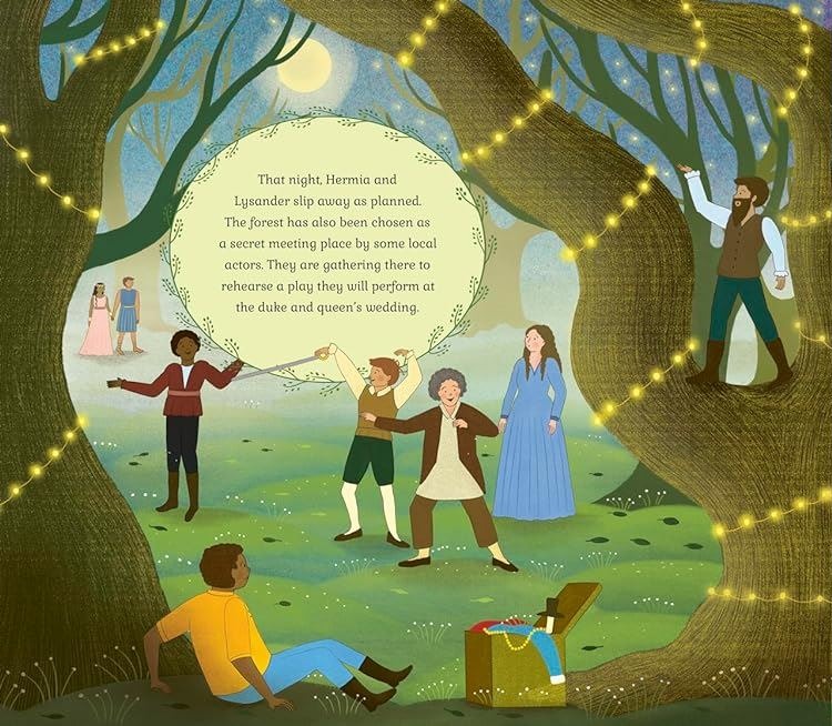 Interior illustration from The Story Orchestra: A Midsummer Night's Dream showing an enchanted moonlit forest with fairy