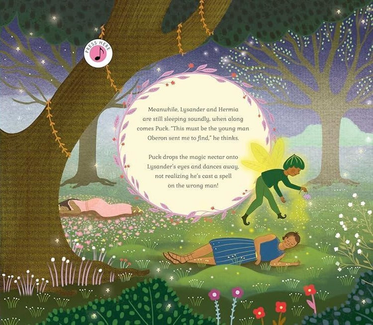 Interior page spread from The Story Orchestra: A Midsummer Night's Dream showing Puck casting a spell on Lysander with pink