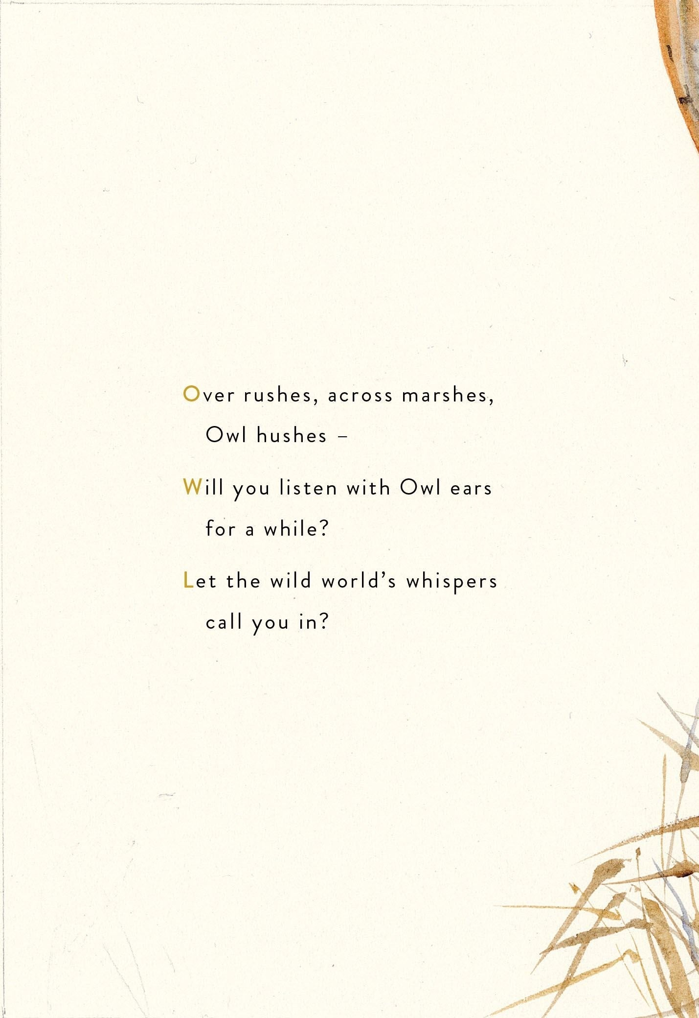 The Lost Spells interior page spread showing Robert Macfarlane's owl acrostic poem with gold letters and watercolour reed