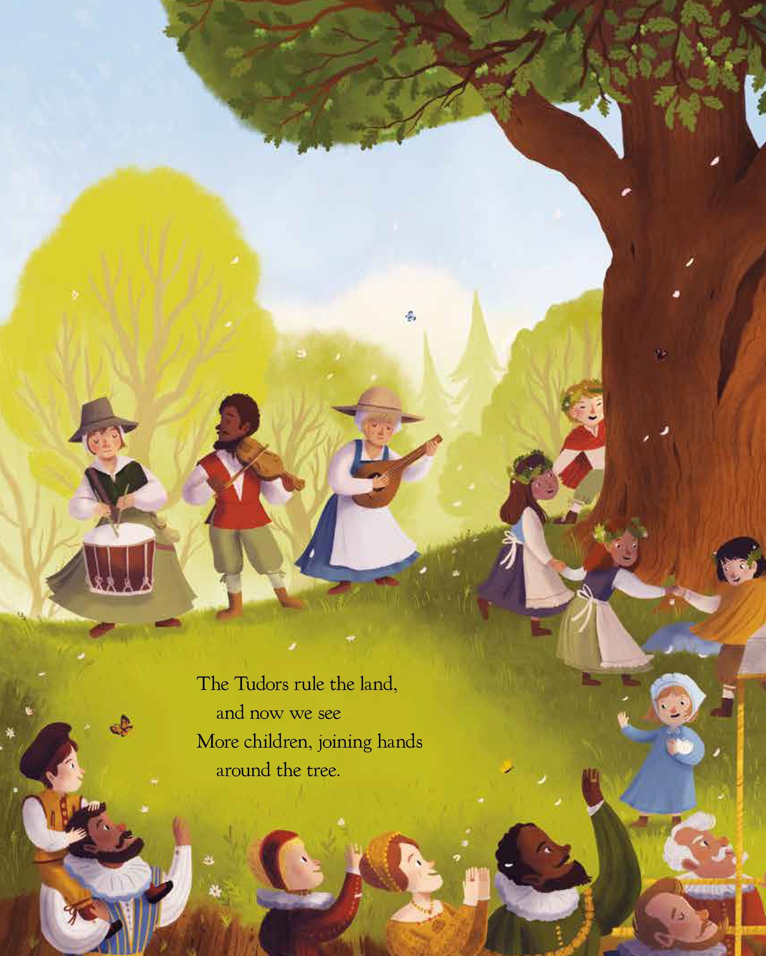 The Oak Tree book interior spread: Tudor children and adults dancing around a great oak tree in a sunlit meadow