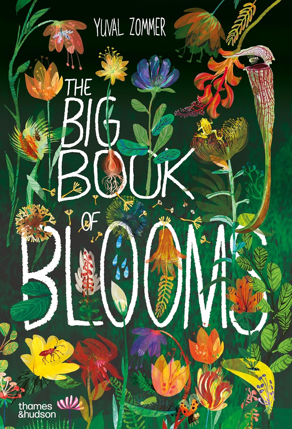 The Big Book of Blooms by Yuval Zommer, front cover with illustrated flowers, insects and pitcher plant on dark green