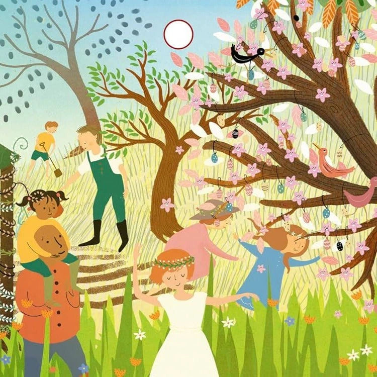 Illustrated spring scene from My First Story Orchestra: Four Seasons in One Day showing children and adults dancing around a