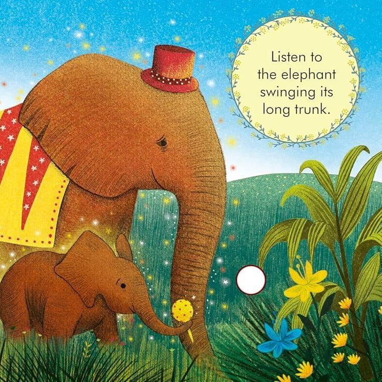 My First Story Orchestra Carnival of the Animals book spread showing elephant illustration with interactive sound button on