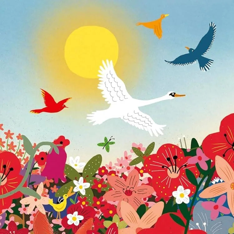 Illustrated storybook page from My First Story Orchestra Four Seasons in One Day showing colourful birds over a flower garden