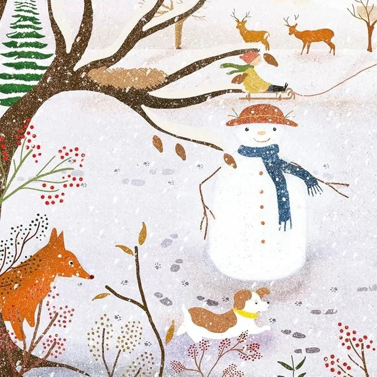 Winter storybook illustration from My First Story Orchestra: Four Seasons in One Day, showing a snowman, fox, deer, and