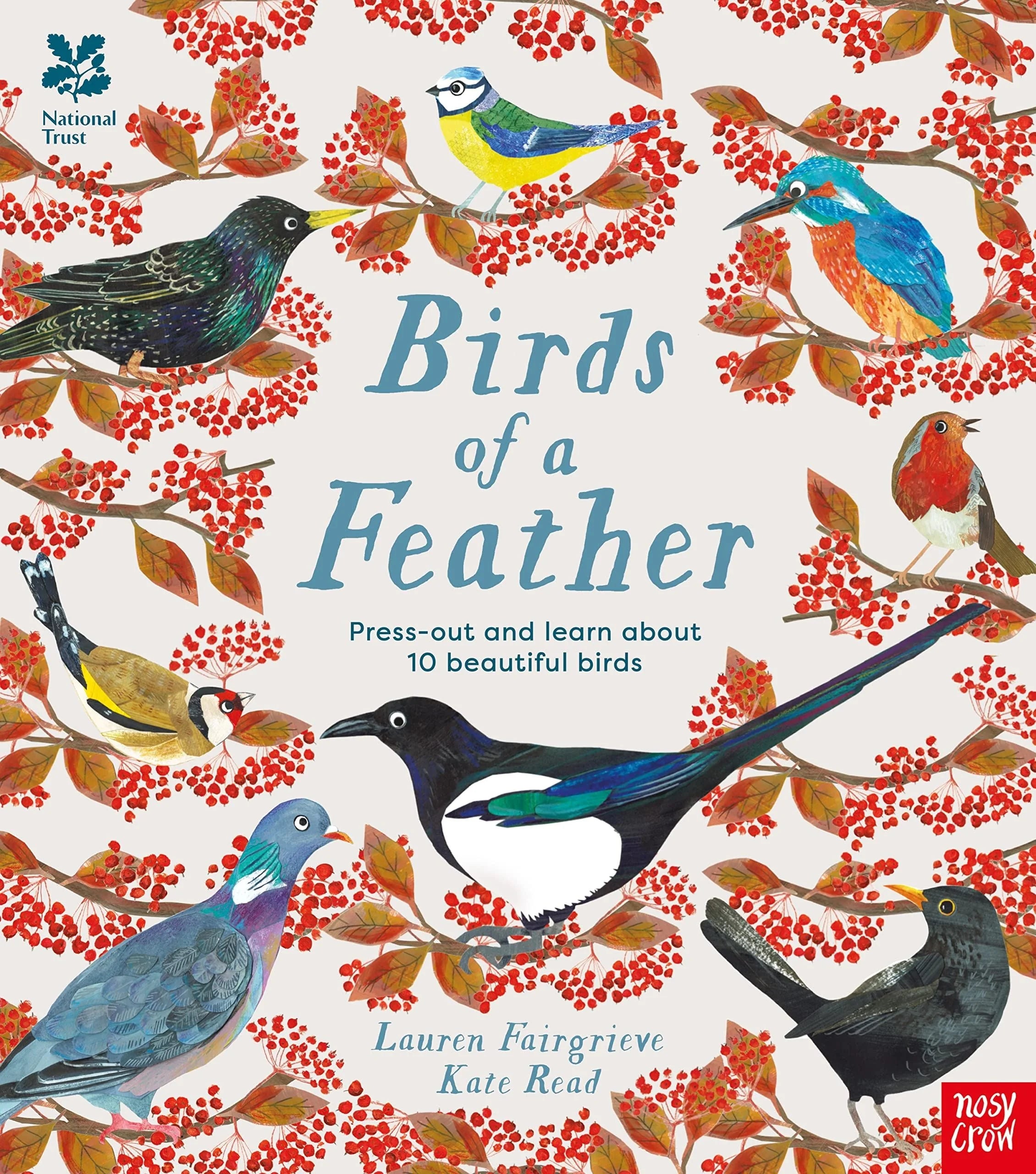 Birds of a Feather book front cover showing illustrated British garden birds among autumn berries and leaves
