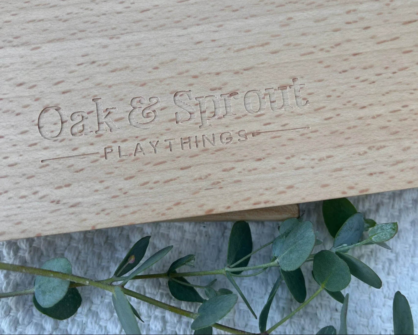 Wooden box with 'Oak & Sprout Playthings' branding, featuring a branch of eucalyptus leaves.