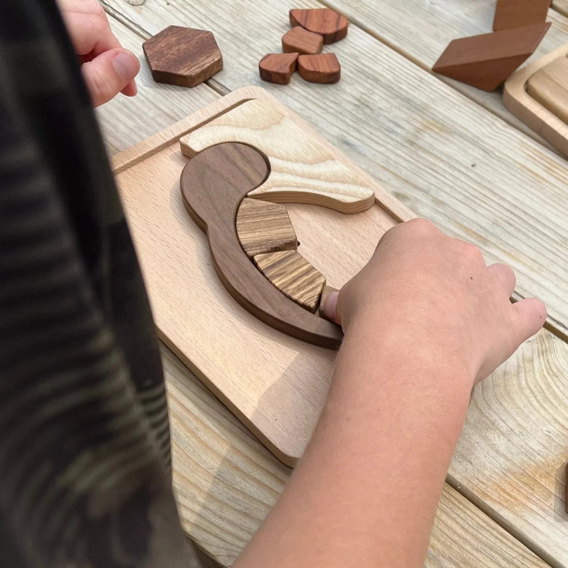 Child assembling Sky Bloom balloon puzzle on wood table, with walnut and zebrano pieces partially fitted into beech frame