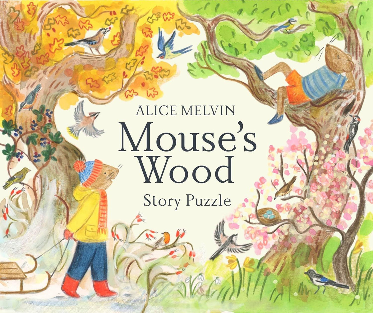 Mouse's Wood Story Puzzle box front by Alice Melvin: Mouse in a red bobble hat pulling a sledge beneath trees in four seasons