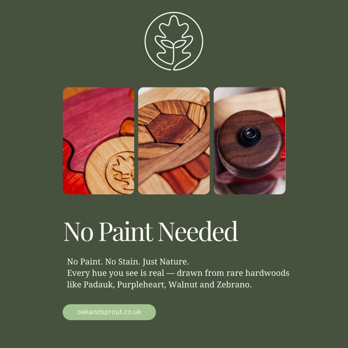 Advertisement for wood products with 'No Paint Needed' text on a green background