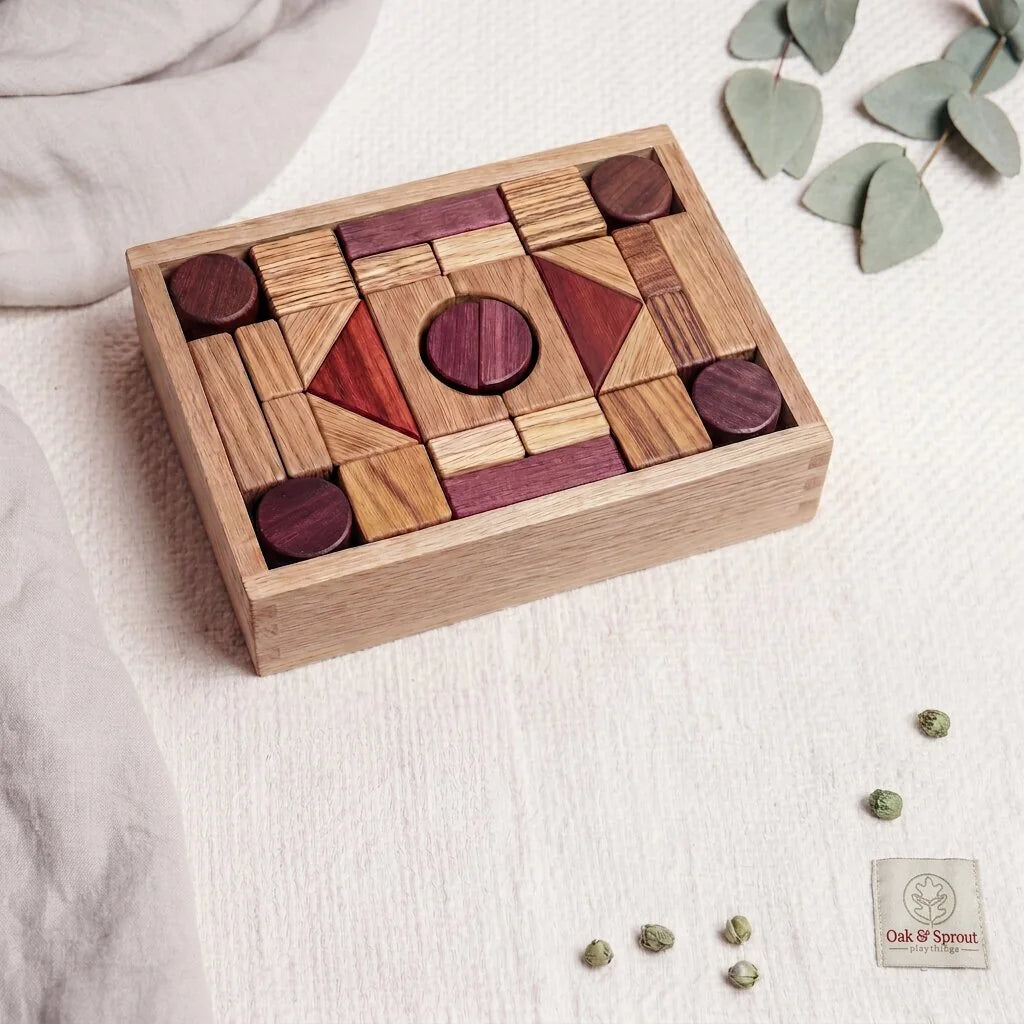 60-piece exotic hardwood building blocks packed in oak tray — oak, purpleheart, padauk and zebrano blocks in mosaic arrangeme