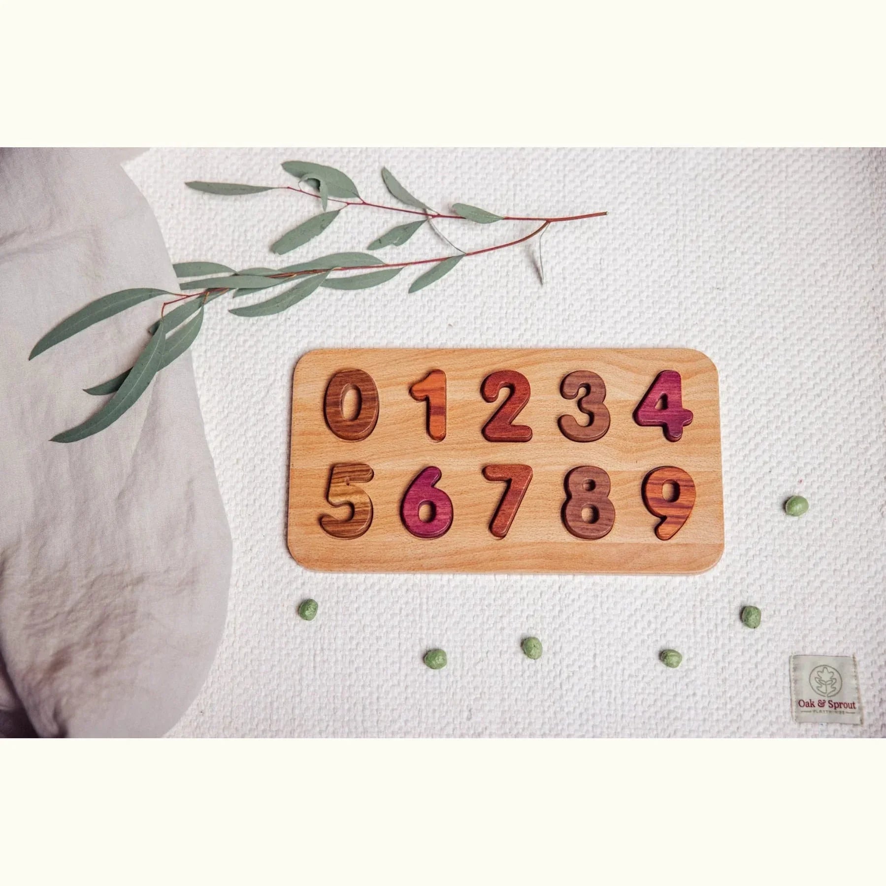 Early Literacy & Numeracy Bundle number puzzle 0–9, Purpleheart, Mahogany and Tigerwood numerals in pale Maple board