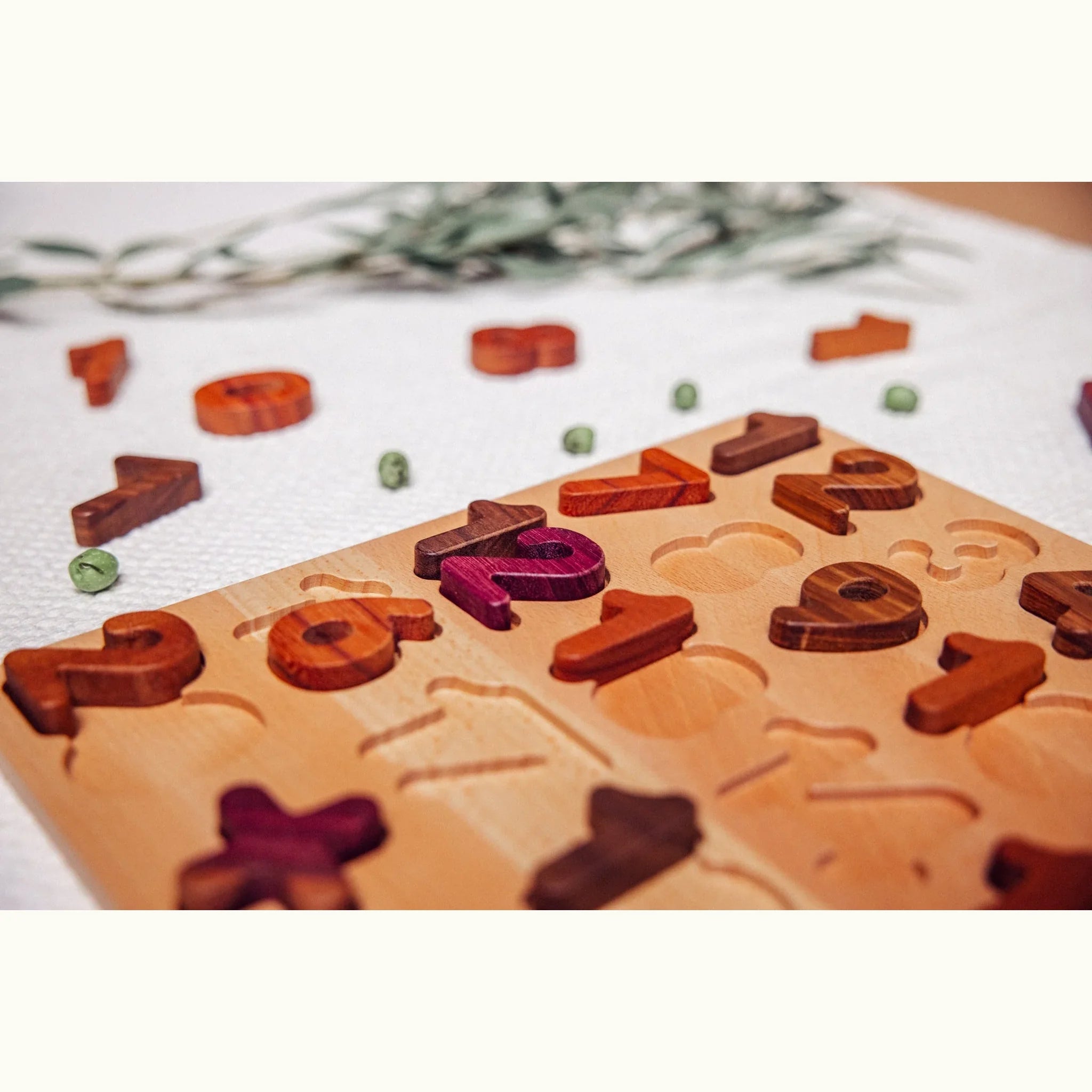 Close-up of Extended Wooden Number Puzzle partially filled, showing Purpleheart, Walnut, Tigerwood and Mahogany pieces in ins