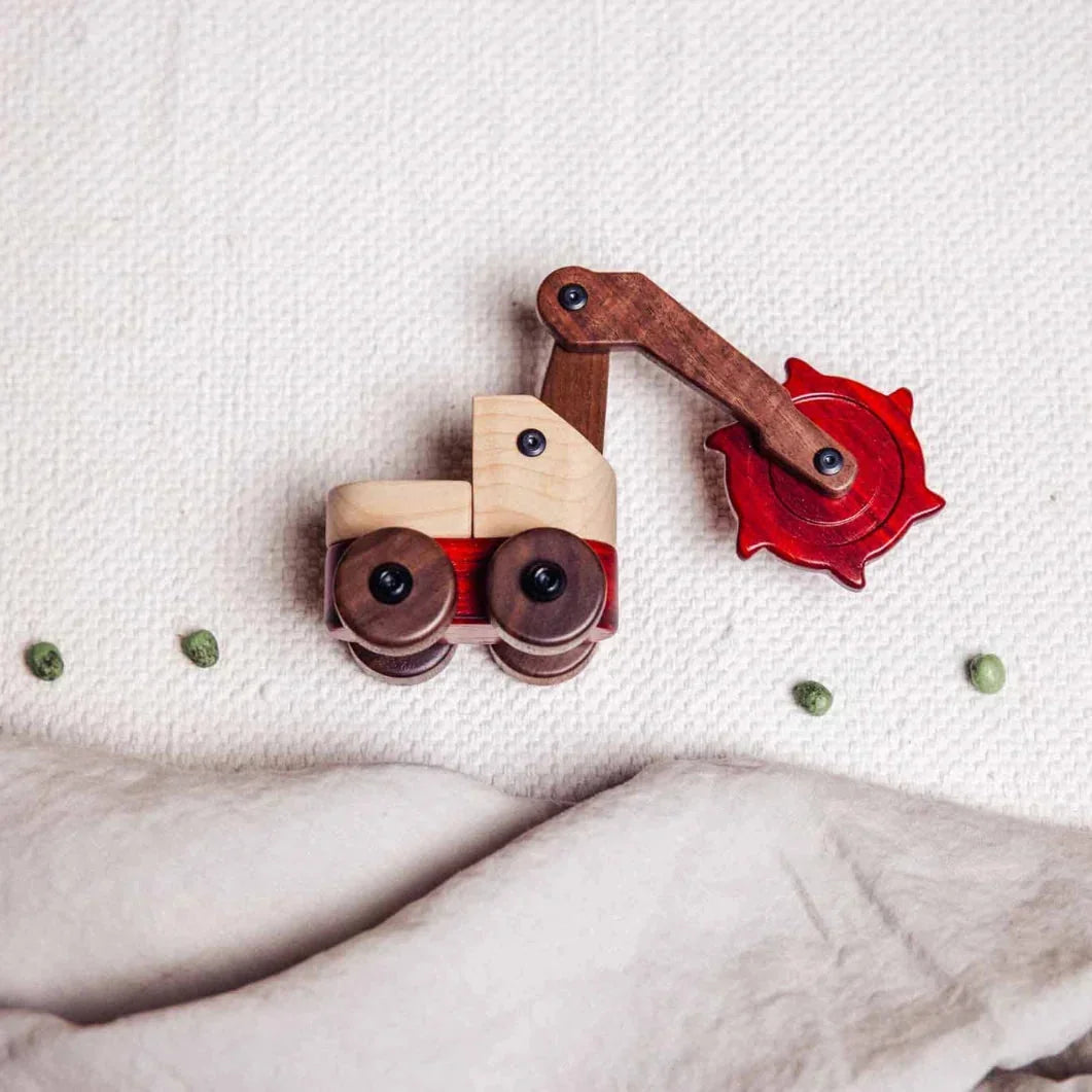 Oak & Sprout Complete Wooden Vehicles Set excavator toy overhead view, maple cab, walnut wheels, padauk chassis