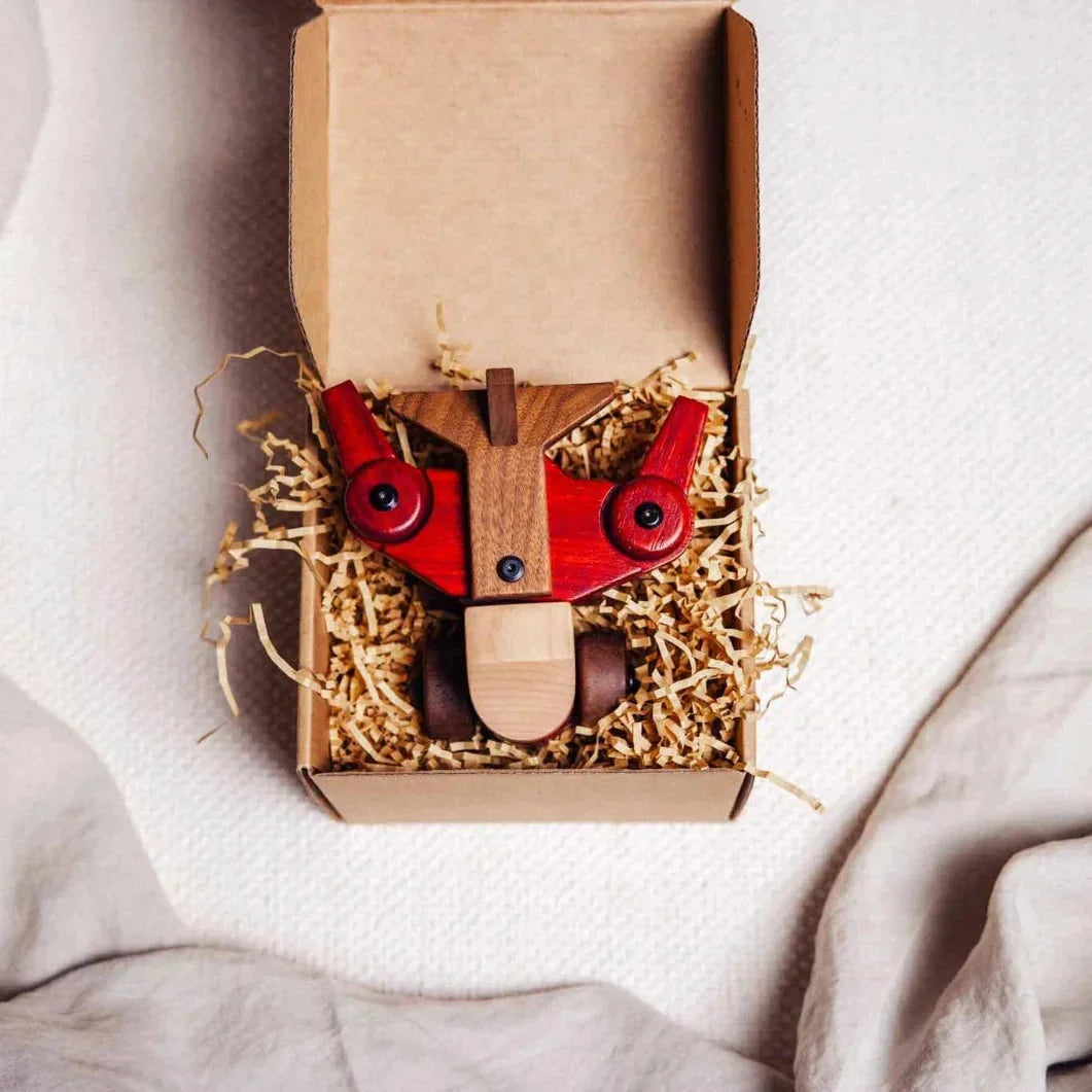 Complete Wooden Vehicles Set aeroplane in kraft gift box, overhead view showing Padauk wings, Walnut body, Maple nose