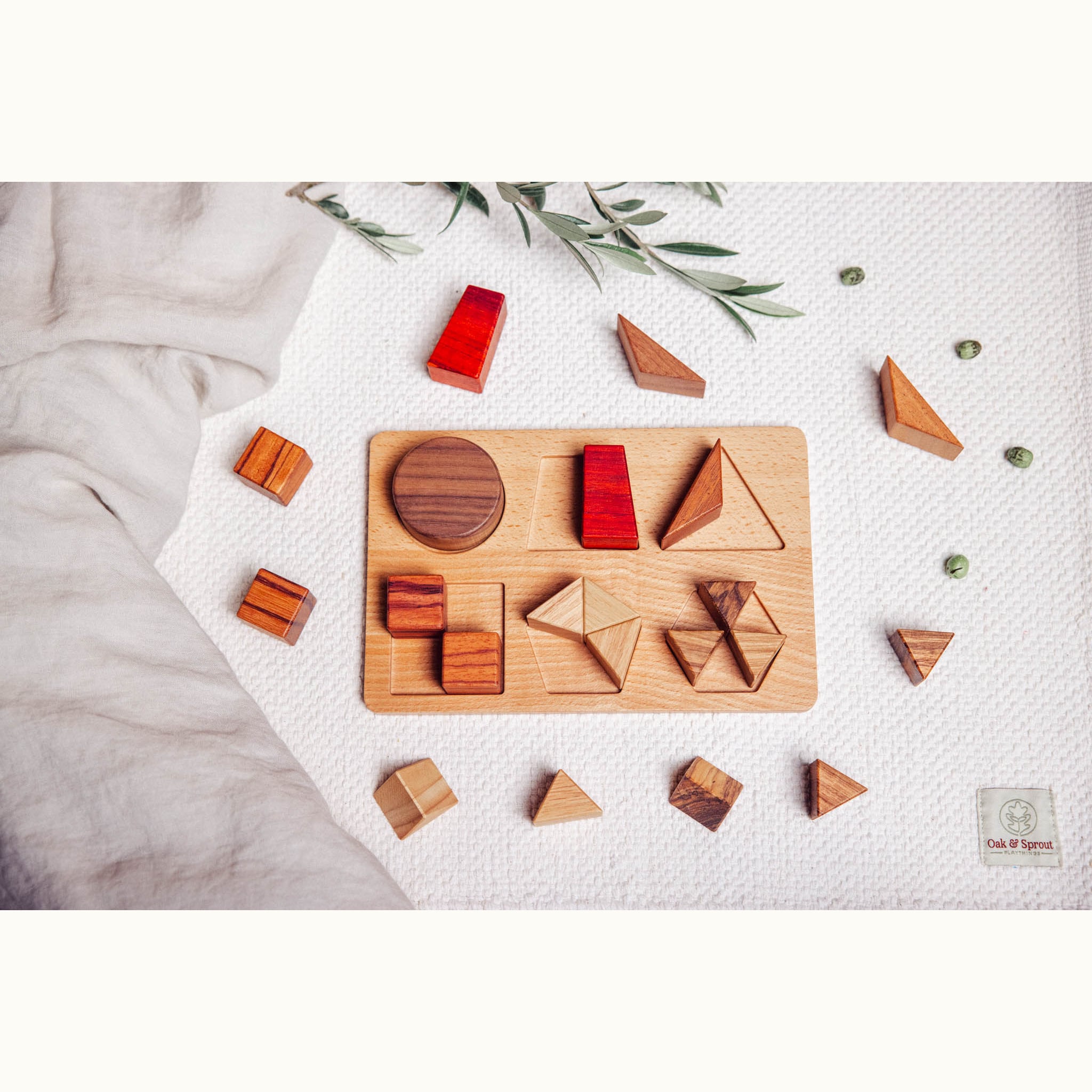 Geo Nest shape puzzle partially assembled on white playmat, walnut circle, padauk trapezoid, zebrano square and loose pieces