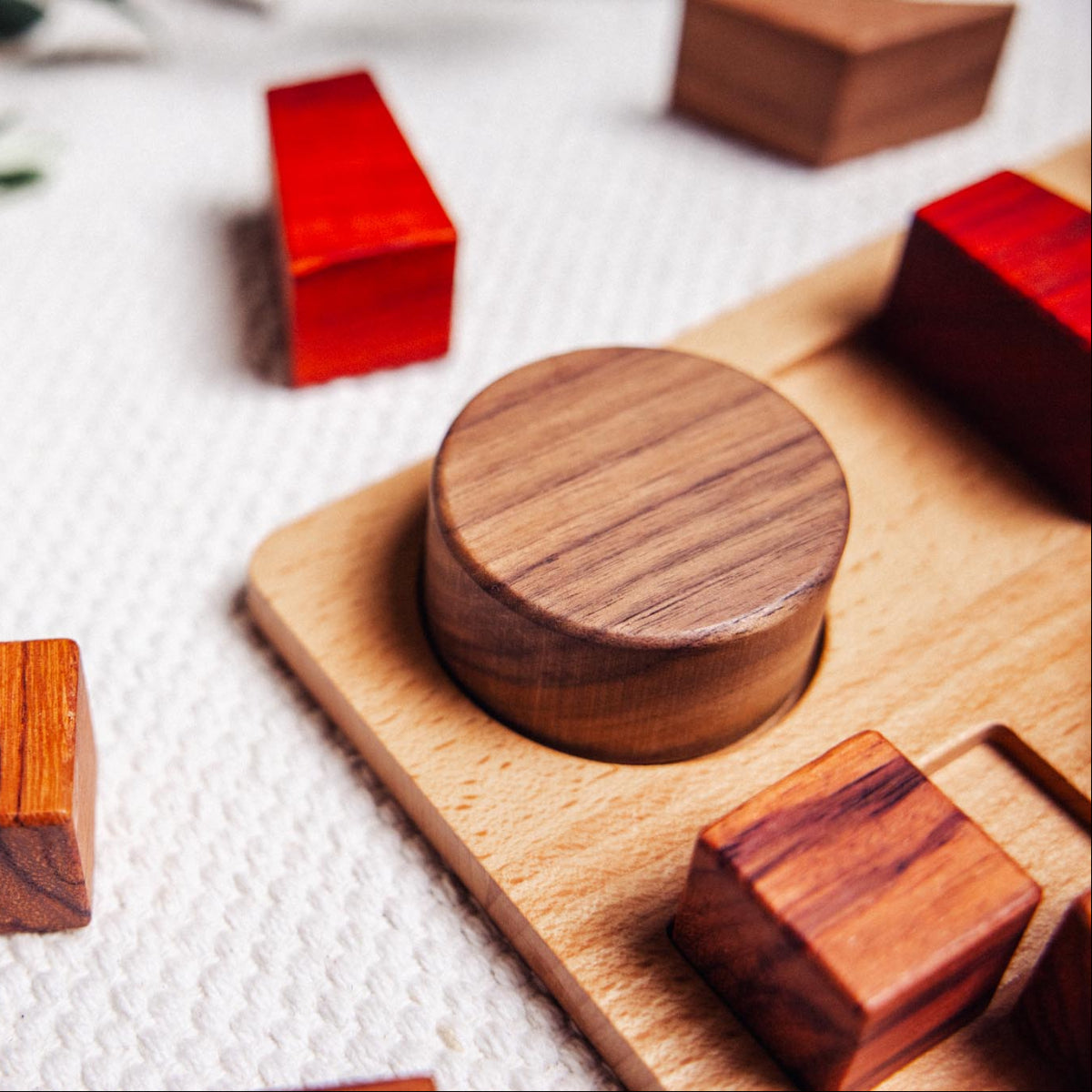 Wooden blocks with different shapes and colors on a light surface