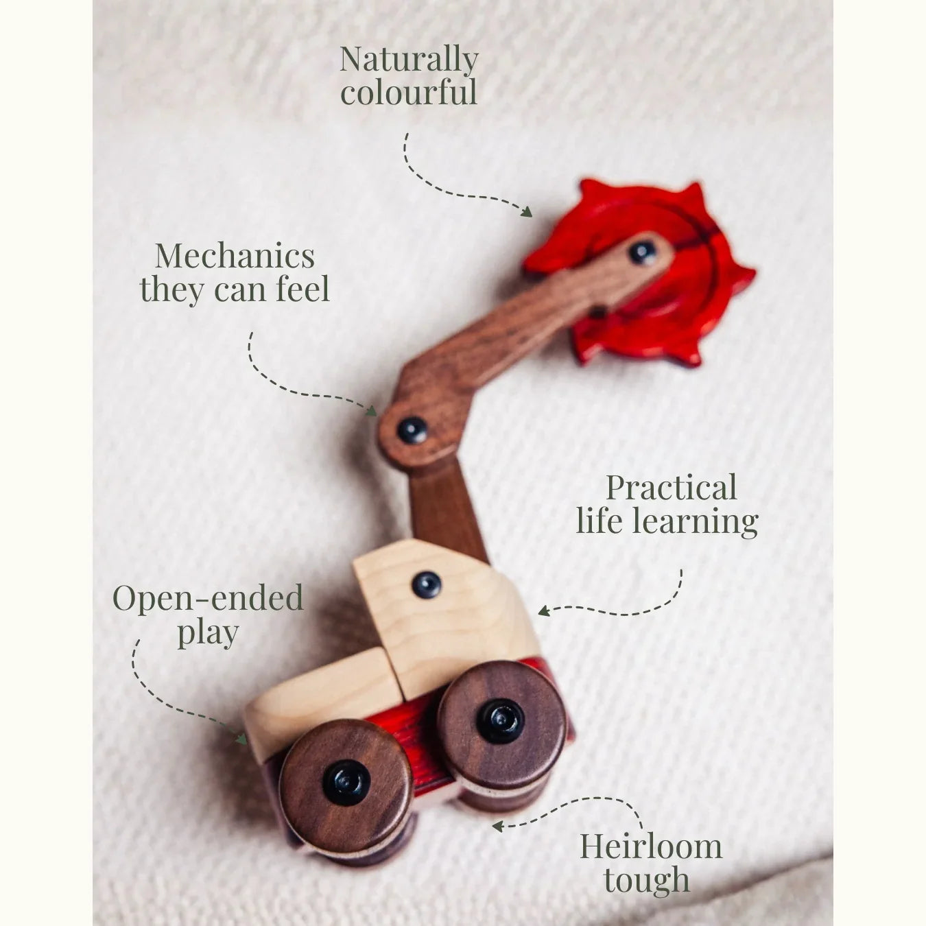 Maple Padauk Walnut excavator flat-lay with callouts highlighting coral Padauk gear, cream Maple cab, and dark Walnut wheels