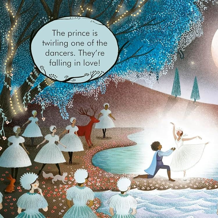 My First Story Orchestra Swan Lake book interior spread showing prince twirling dancer by moonlit lake with swan maidens