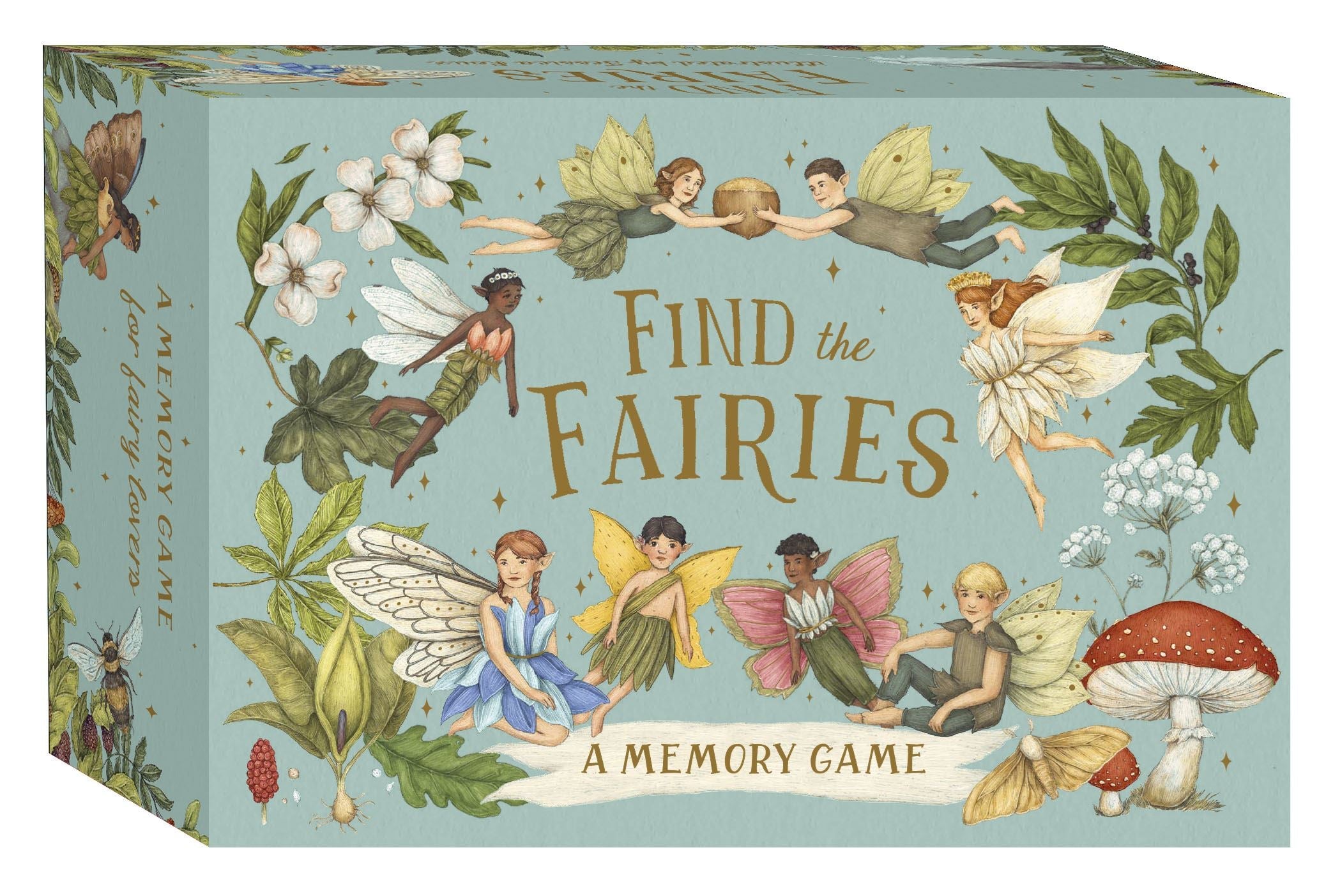 Find the Fairies Memory Game retail box, three-quarter view showing illustrated fairy and botanical front panel with gold