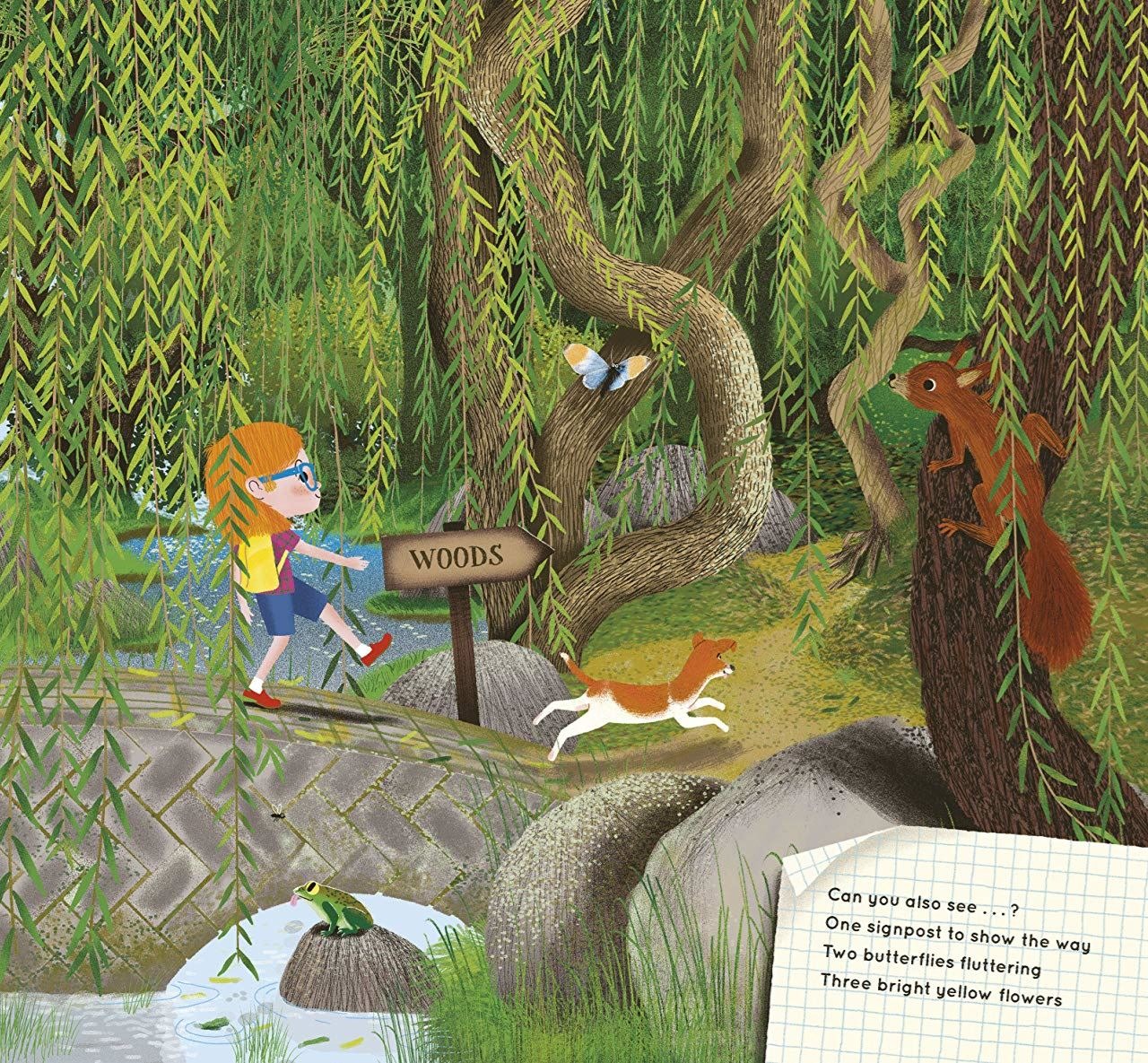 Look What I Found in the Woods book spread: girl crossing bridge to woods, fox, squirrel, frog, and seek-and-find counting