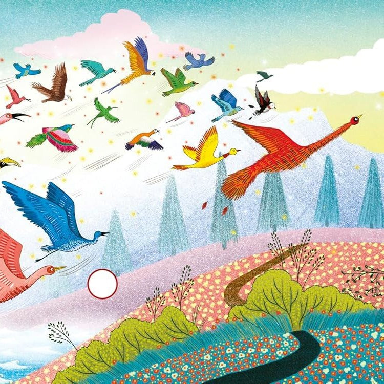 Illustrated artwork from My First Story Orchestra Carnival of the Animals showing exotic birds in flight over a fantastical