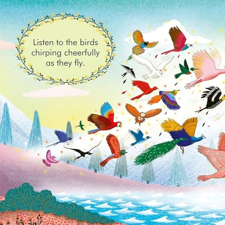 Illustrated page from My First Story Orchestra Carnival of the Animals showing exotic birds flying over a whimsical landscape