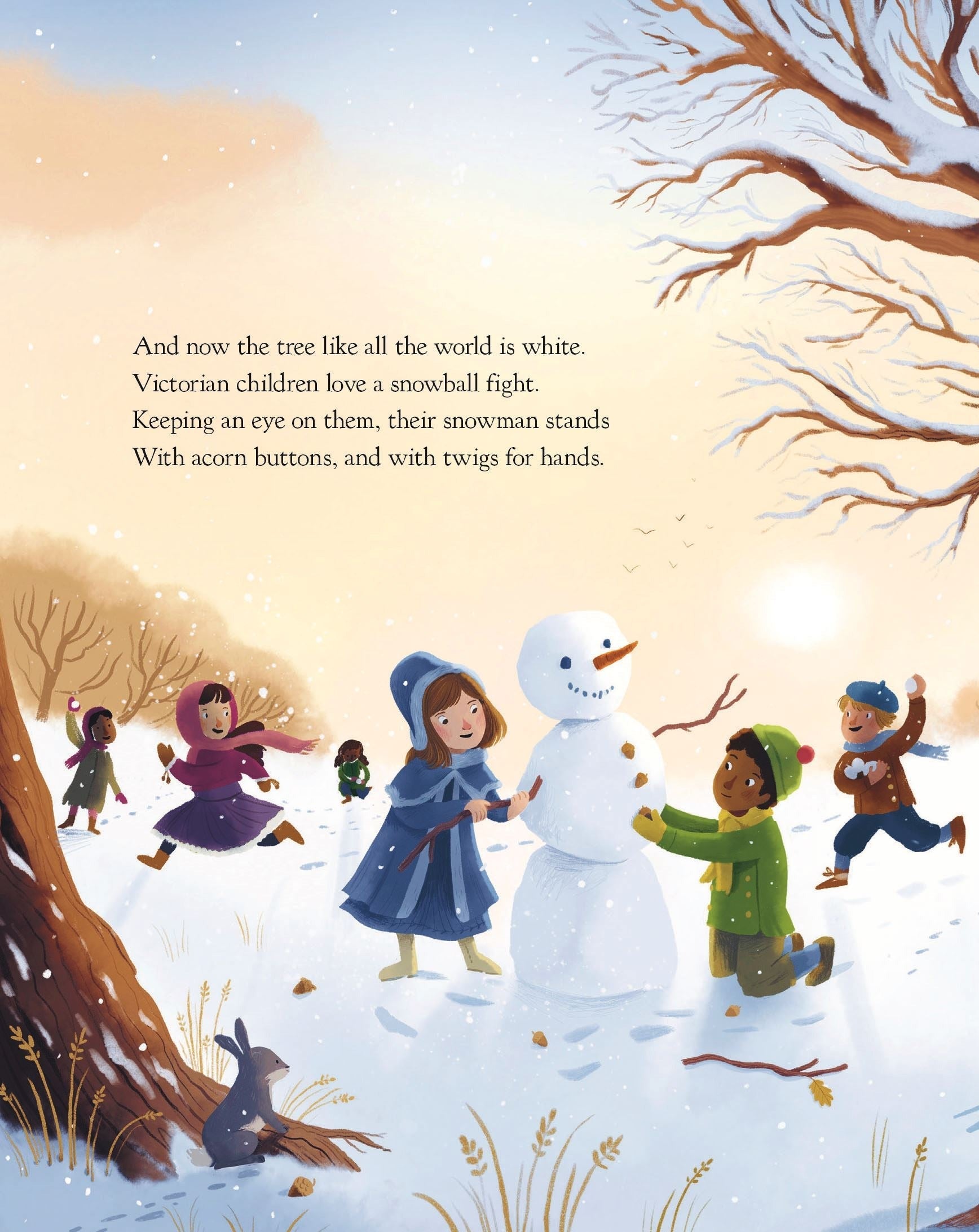 The Oak Tree board book interior: Victorian children build a snowman and have a snowball fight in a winter scene
