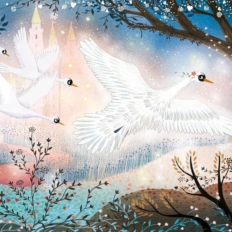 Illustrated artwork from My First Story Orchestra Swan Lake showing white swans in flight over a pastel fairy-tale landscape