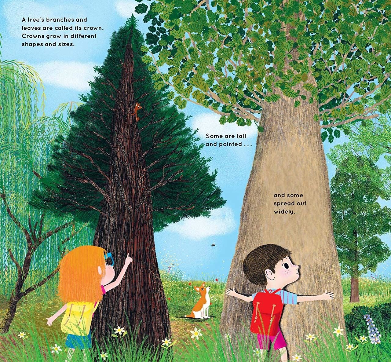 Look What I Found in the Woods book interior spread showing children and corgi in woodland, with illustrated text about tree