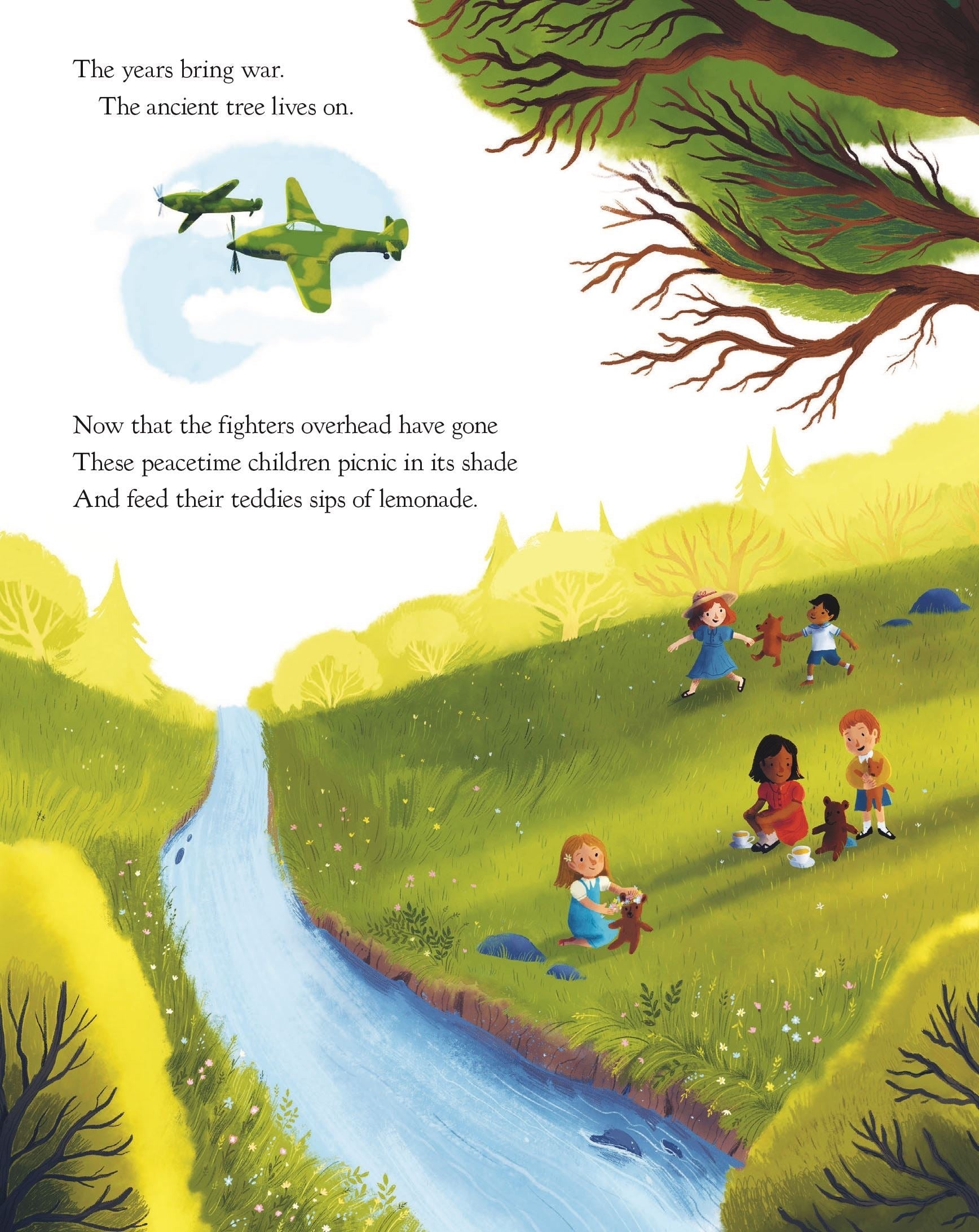 The Oak Tree book interior illustration: children picnicking under an ancient oak by a river, wartime to peacetime scene