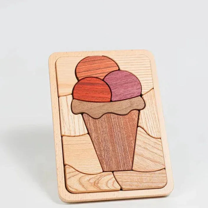Sweet Scoops puzzle assembled upright: Padauk, Purpleheart, and Tigerwood scoops on a Walnut cone